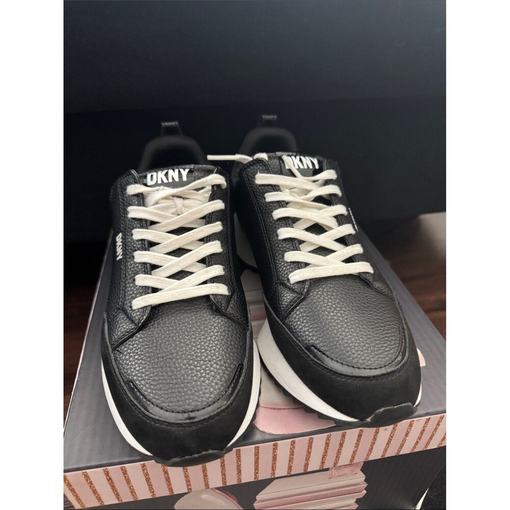 DKNY Black Leather Low-Top Sneakers with White Laces